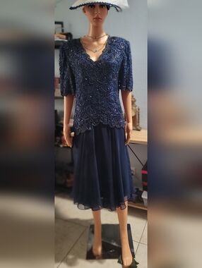 Laurence Kazar Navy blue chiffon dress with beaded embroidery